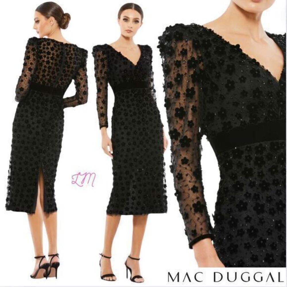 Mac Duggal 67856 Embellished V Neck Illusion Long Sleeve Midi Dress 4 Black